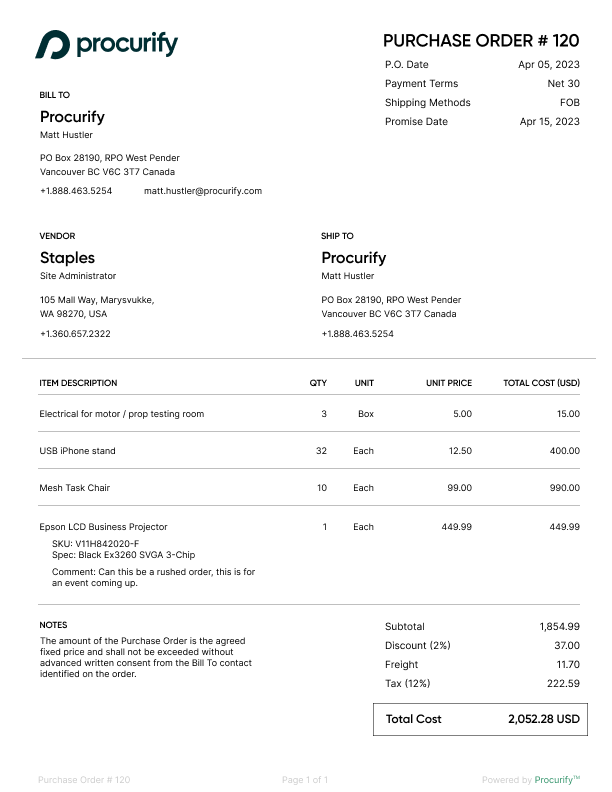 Procurify purchase order example