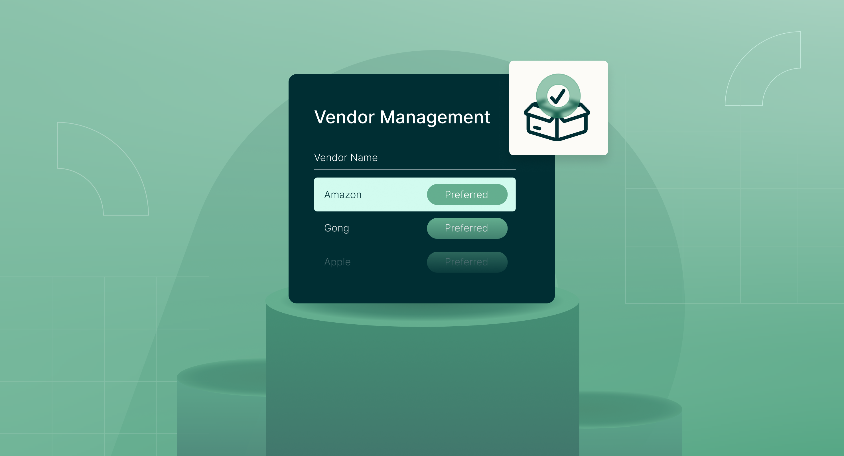 Vendor management dashboard interface displaying a preferred vendor list for procurement processes, highlighting Amazon as a selected vendor